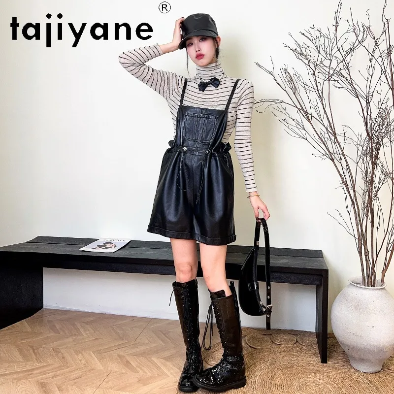 TAJIYANE 100% Sheepskin Black Genuine Leather Short Slim Fit Womens Shorts Wide Leg Shorts for Woman Overalls Mid Rise Шорты