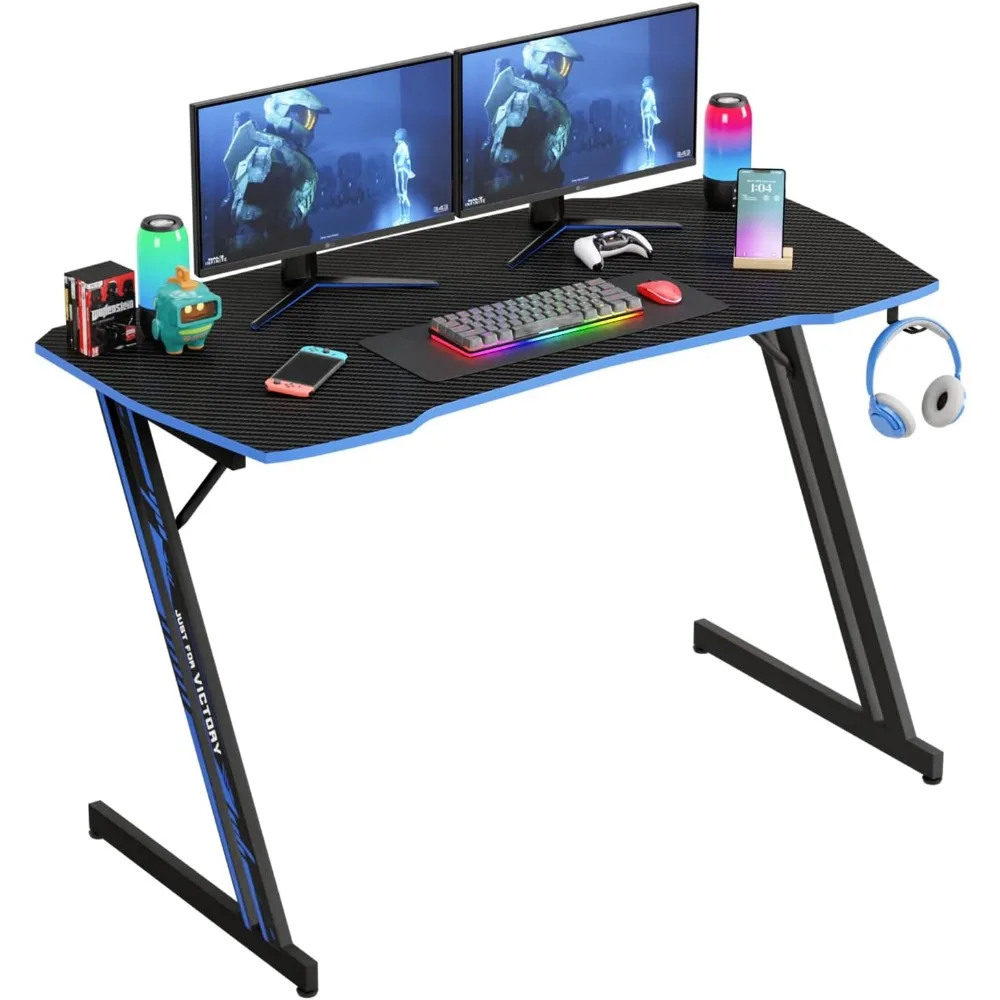47-Zoll-moderner Z-förmiger Gaming-Schreibtisch, Computertisch für das Heimbüro mit Kopfhörerhaken – stabiler Workstation-Tisch