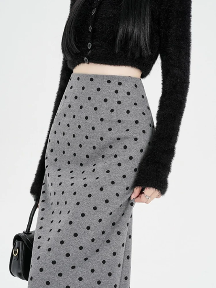 

Шерстяная юбка в горошек для женщин, осенне-зимняя новинка, с высокой талией, эластичная, прямого кроя, средней длины, с запахом