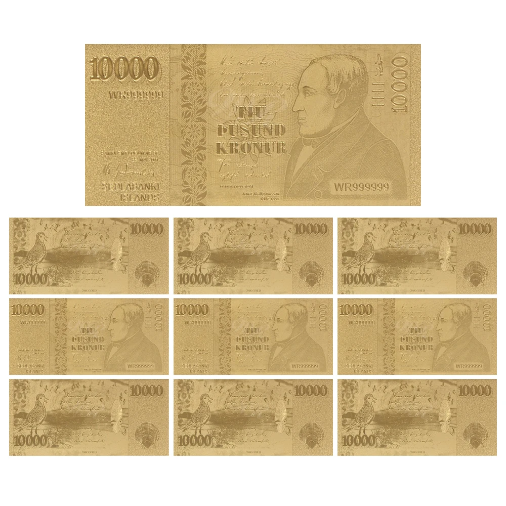 10Pcs/set Iceland Gold Plated Banknote 10000 Krona Word Currency Fake Money Bank Note Souvenir Business Gift for Collection