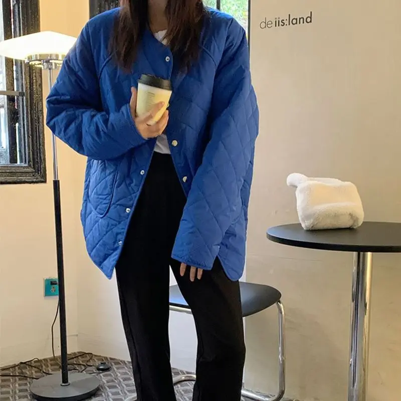 Klein Blue Diamond Pattern Thiened Cotton Jaet Winter New Lazy Bf Sle Warm Women's Mid-Length Cotton Coat Outerwear