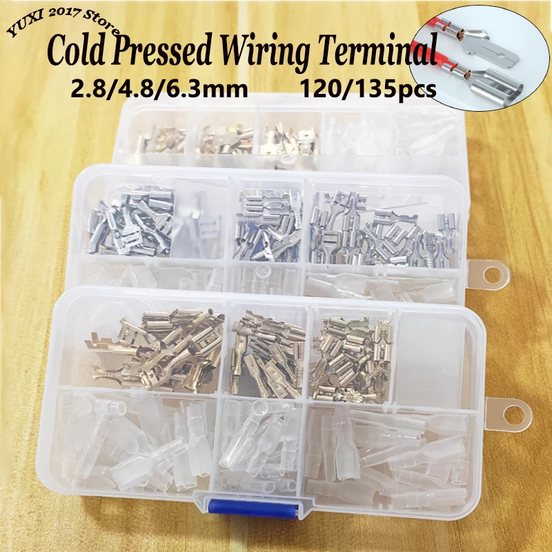 Cold Pressed Wiring Terminal Connector Kit - 2.8/4.8/6.3mm Plug-In Crimping Terminals 120/135 Piece Box Set for Common Wiring