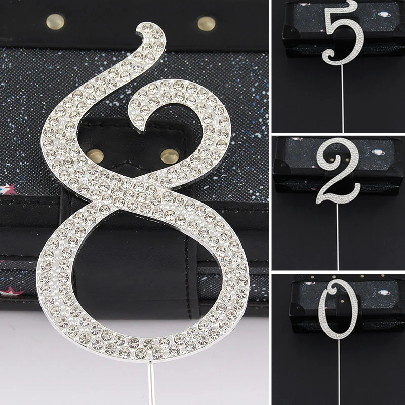 1Pc New Glitter Alloy Rhinestone Golden Silver Number Cake Toppers Baby Shower Birthday Decoration Wedding Digital Cakes Decor