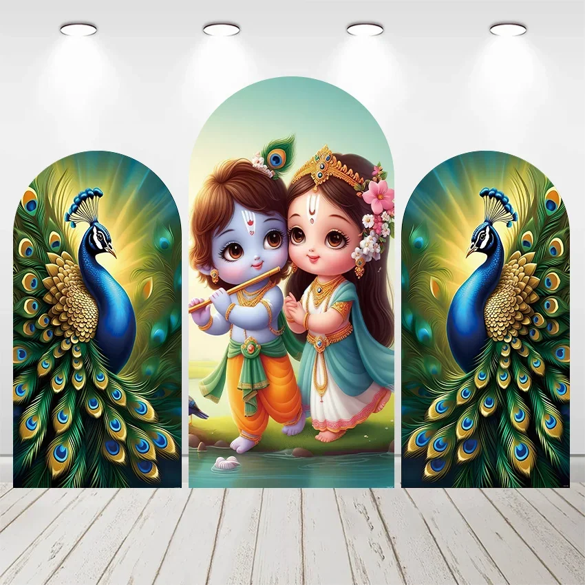Mehofond Custom 2-Sided India Yashoda and Krishna Peacock Birthday Party Baby Shower Cover Chiara Arch Background Decor Backdrop