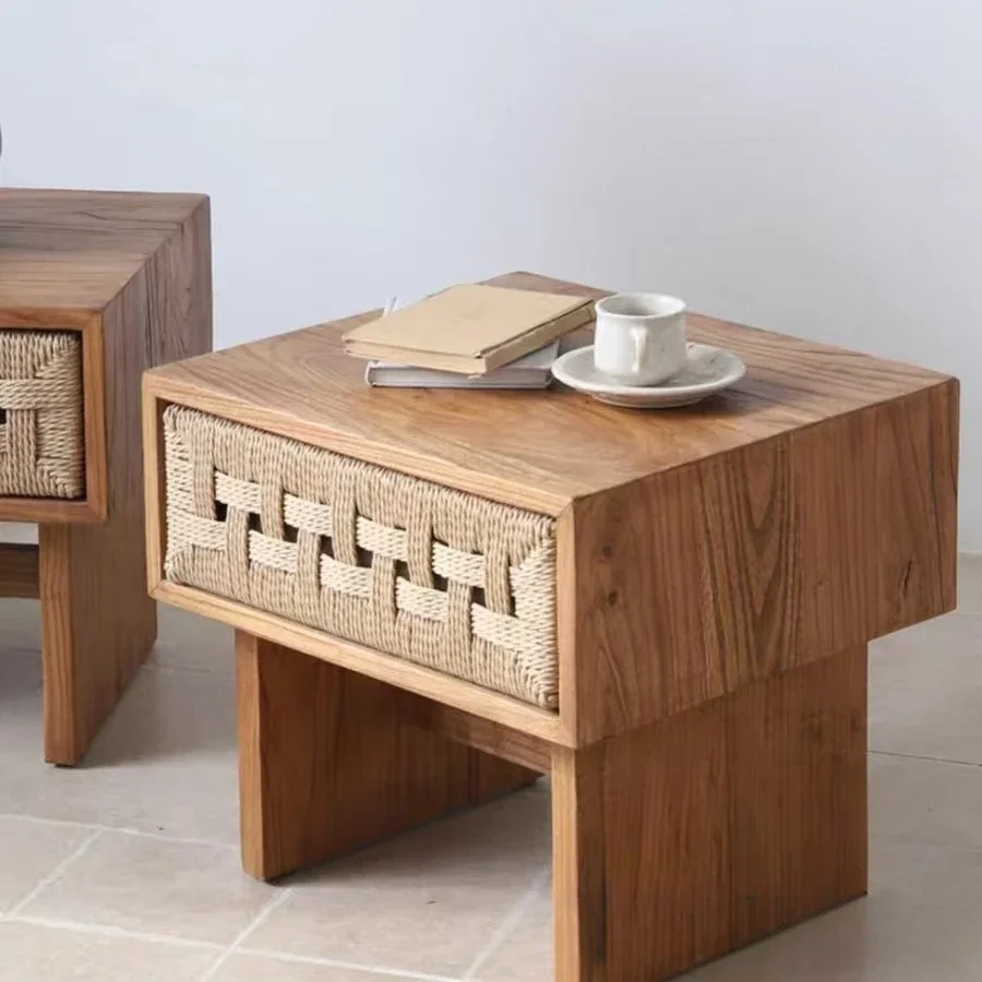 Wabi Sandy Wind Old Elm Bedside Table Homestay Retro Style Bedroom Drawer Storage Cabinet Solid Wood Storage
