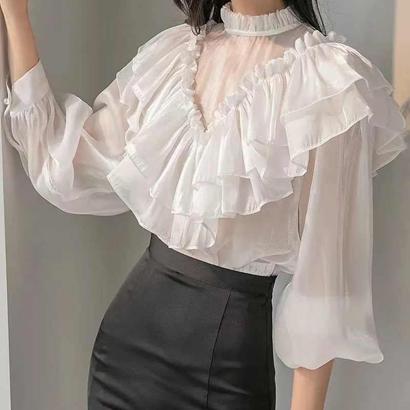 

South Korea's Dongdaemun autumn new stand-up collar ruffled chiffon long-sleeved shirt women's design niche shirt