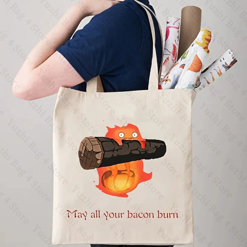 May All Your Bacon Burn Pattern Trendy Folding Tote Bag Canvas Shoulder Bag for Daily Travel Women\'s Reusable Shopping Bags