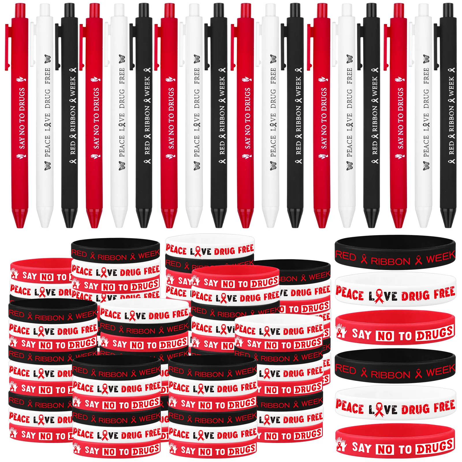 

72 PCS Red Ribbon Week Supplies Bulk Set 36 Drug Free Red Ribbon Awareness Pens 36 Anti Drug Wristbands Silicone Bracelets