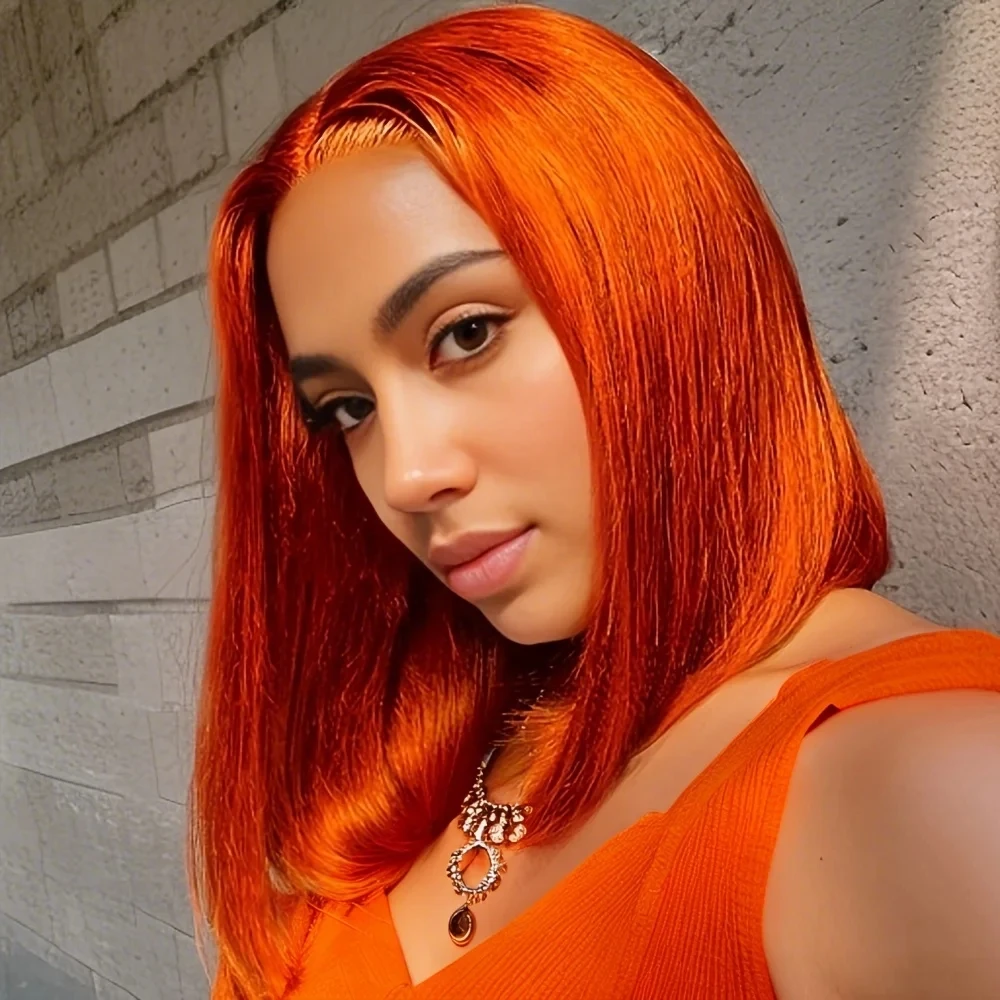 

350 Оранжевый 13x4 Прямой парик фронтальной части шнурка Предварительно выщипанные парики из человеческих волос Бразильский прямой короткий парик Remy Bone для женщин