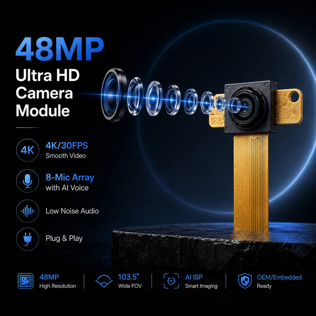 48MP Camera Module 8 Mic Array 4K HD 30FPS 8000*6000 Sony 1/2 inch Sensor USB 2.0 3.0 Plug and Play 103° Wide Angle Fixed Focus