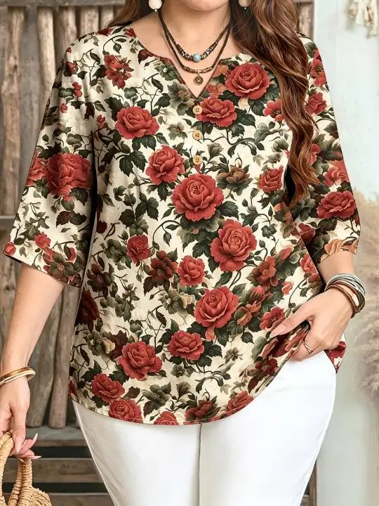 Women Vintage All‑Over Rose Floral Print Blouse For Curvy Figures Notched Neck 3/4 Sleeve Loose Casual Ladies Tops