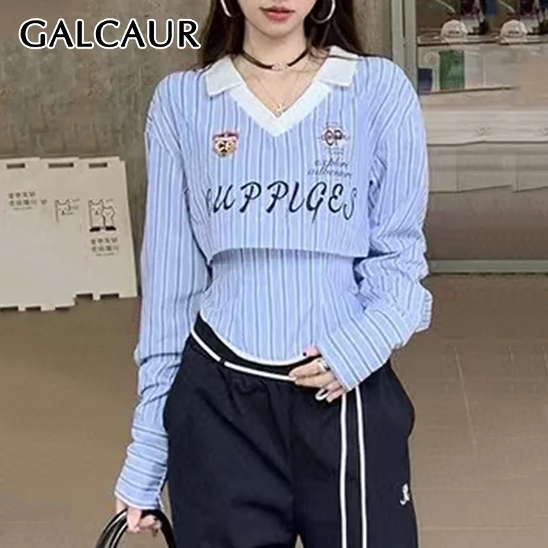 GALCAUR Hip Pop Sexy Slim Women's Two Piece Suit V Neck Long Sleeved Print Spliced Striped Shirt Tube Top Set Female Autumn New