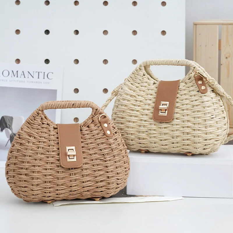 

New stylish elegant women's straw woven handbag luxury design vacation beach bag handheld solid color shoulder bag off-road bag