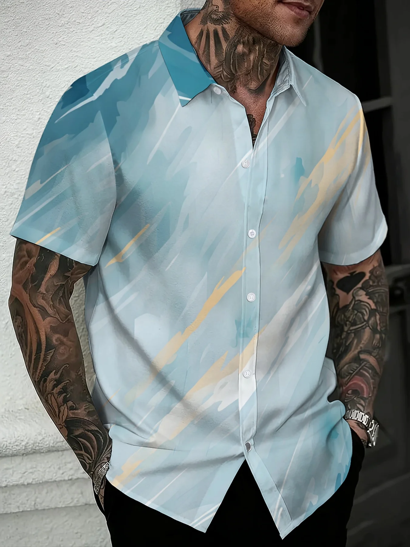 Contemporary Art Brush Stroke Men Lapel Shirt Soft Blue Gradient Golden Line Print Streetwear Short Sleeve Button Tops