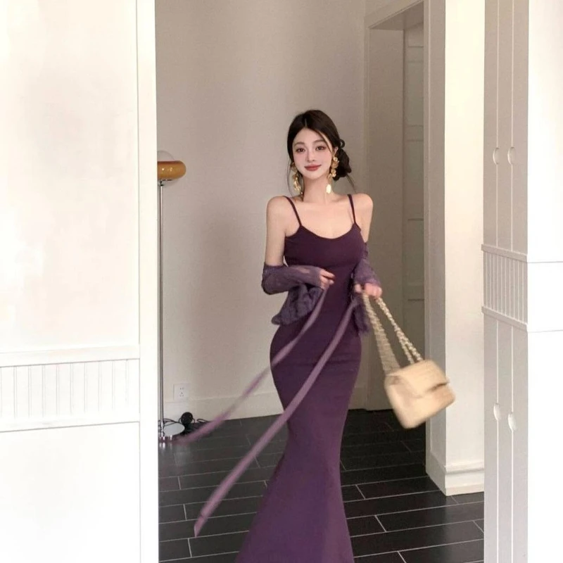 Women's Summer Slim Fit Purple Bodycon Dress High Waist Fishtail Mermaid Hem Spaghetti Strap Evening Party Clubwear