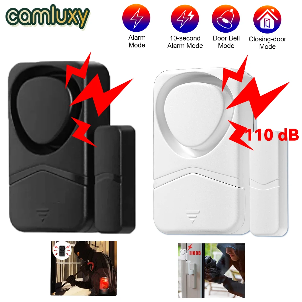 Camluxy-alarmas de puertas y ventanas 4 en 1, detectores de puerta abierta y cerrada de 110dB, alarma con Sensor magnético para el hogar, seguridad