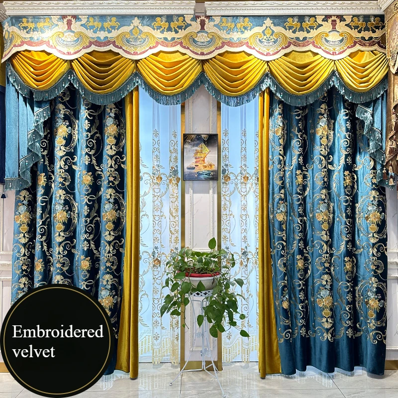 

American Retro Blue High-end Embroidered Velvet Curtains for Living Room Bedroom Balcony and Villa Customization Valance