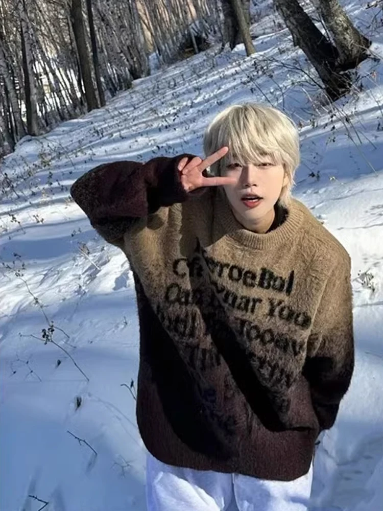 

American Retro Camere Letter Men's Sweater Winter Lazy Sle Oversize Trendy round Ne Knitted Coat Comfortable Lightweight