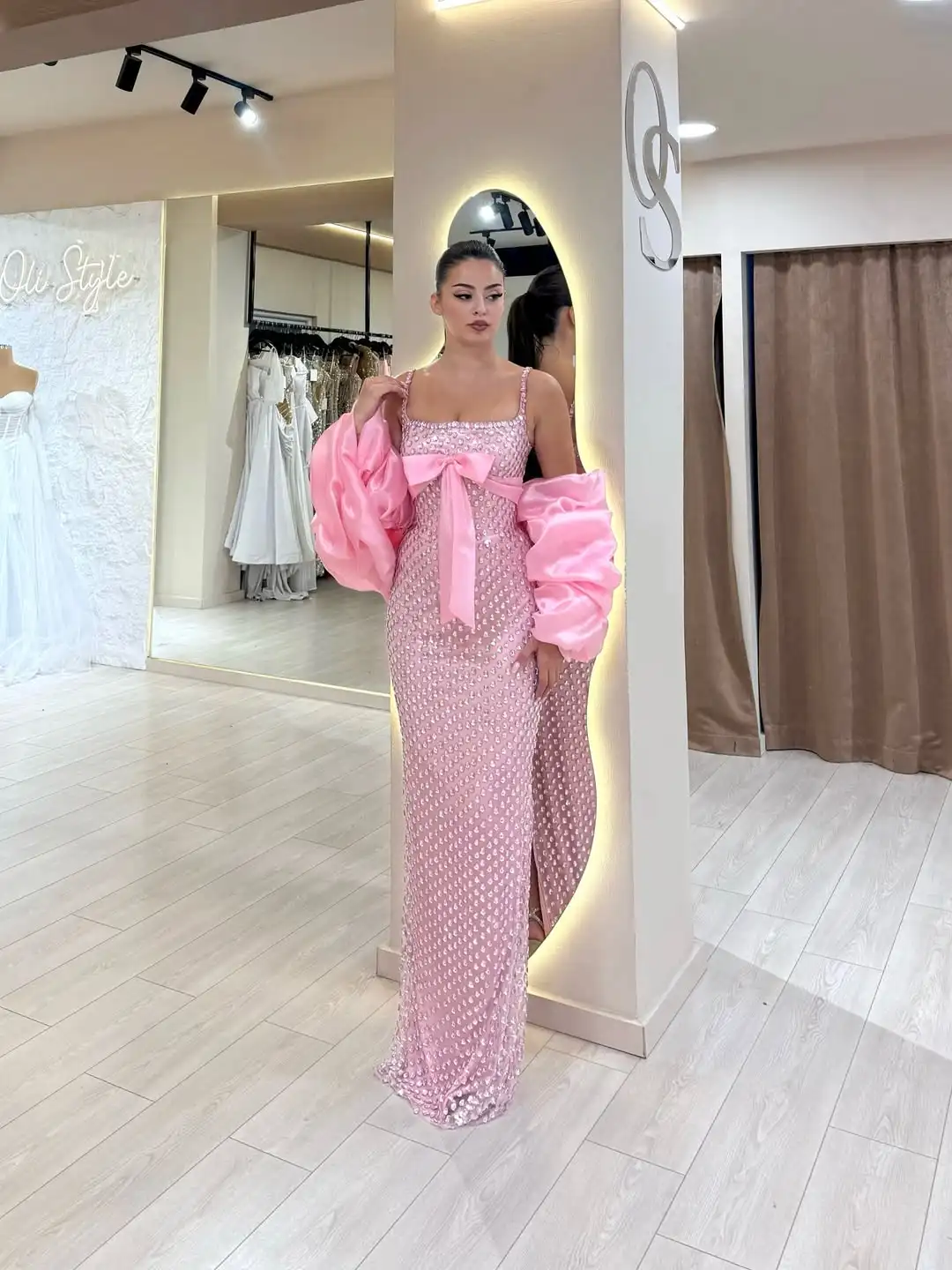 تصميم جديد السباغيتي الأشرطة الديكور كريستال مساء اللباس القوس الكبير فستان حورية البحر مع شال الوردي فستان الأميرة مثير #5