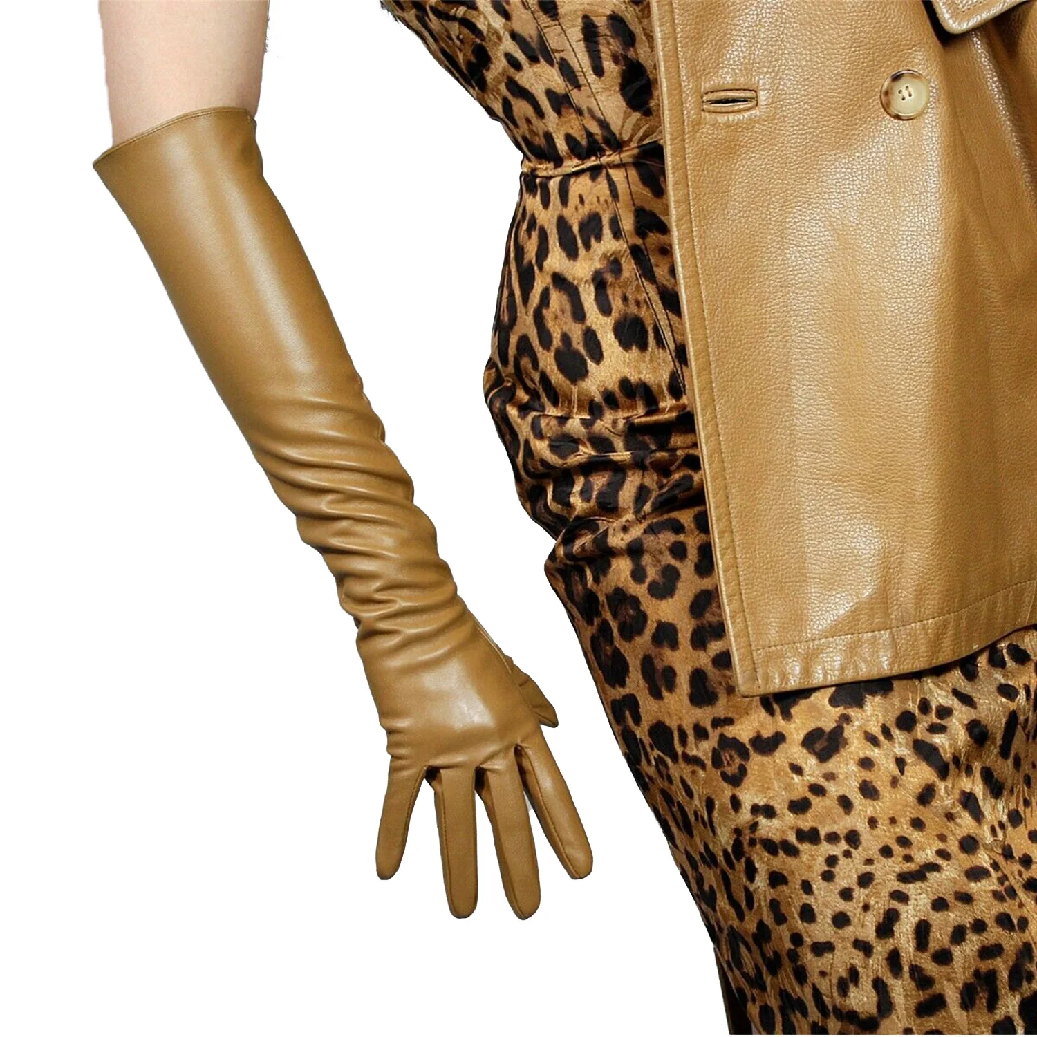 DooWay Women's Light Brown Long Gloves Tan Beige Faux Leather Lambskin PU 50cm Halloween Costume Cosplay Evening Fashion Glove