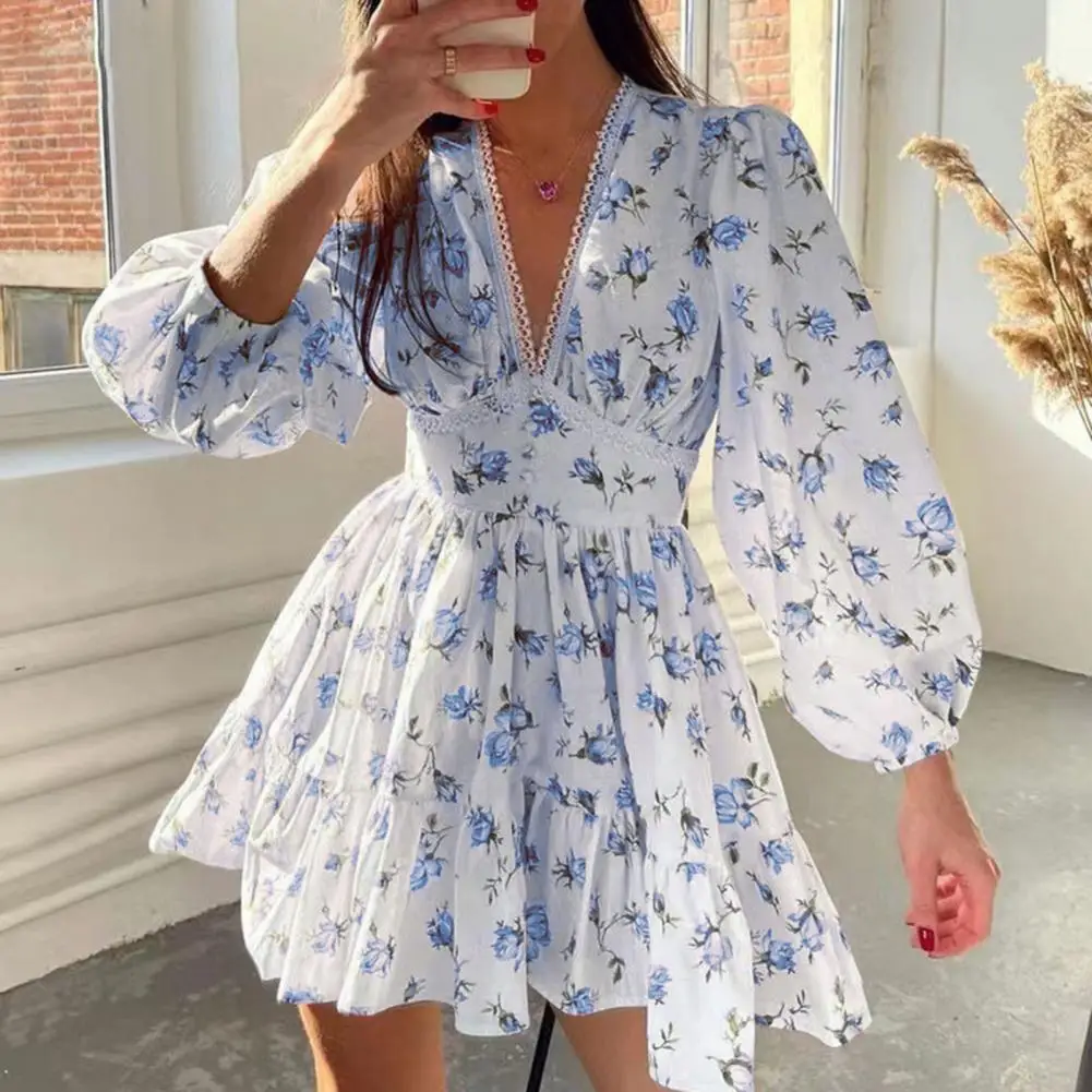 

Women Summer Mini Dress Long Sleeve Floral Print Ruffles A-line Lace Lantern Sleeve Vacation Party Mini Dress Vestidos