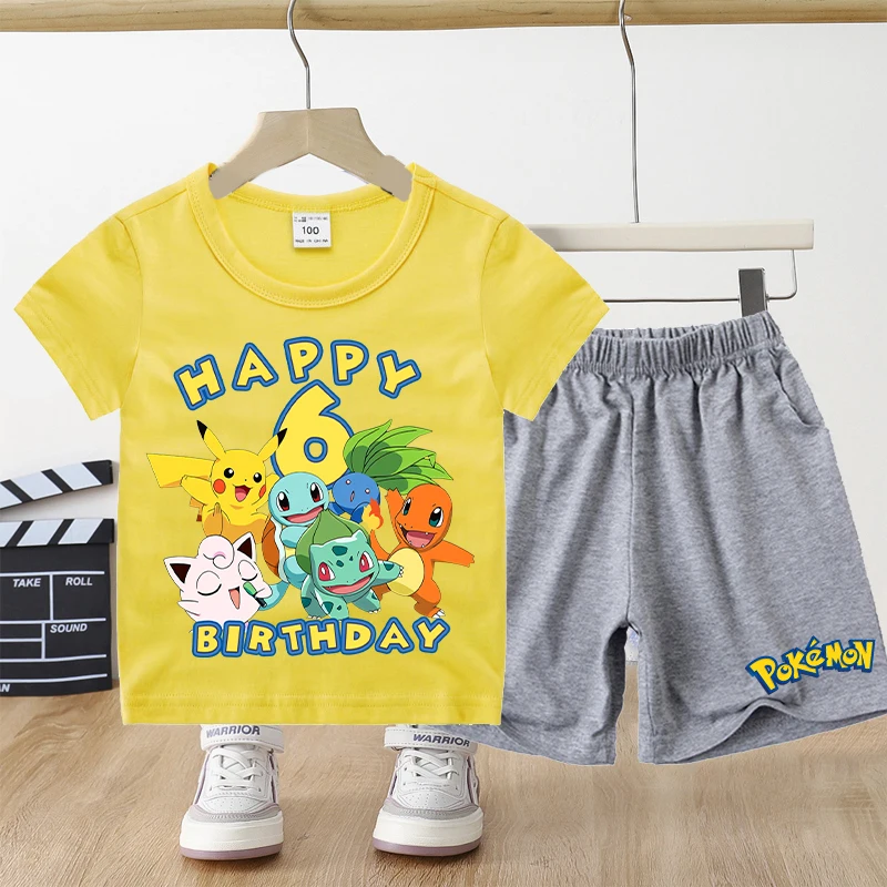 Pikachu niños camiseta pantalones cortos conjunto PPokemons Anime dígitos 1-9 camisetas pantalones niños verano pantalones de manga corta niños ropa de cumpleaños