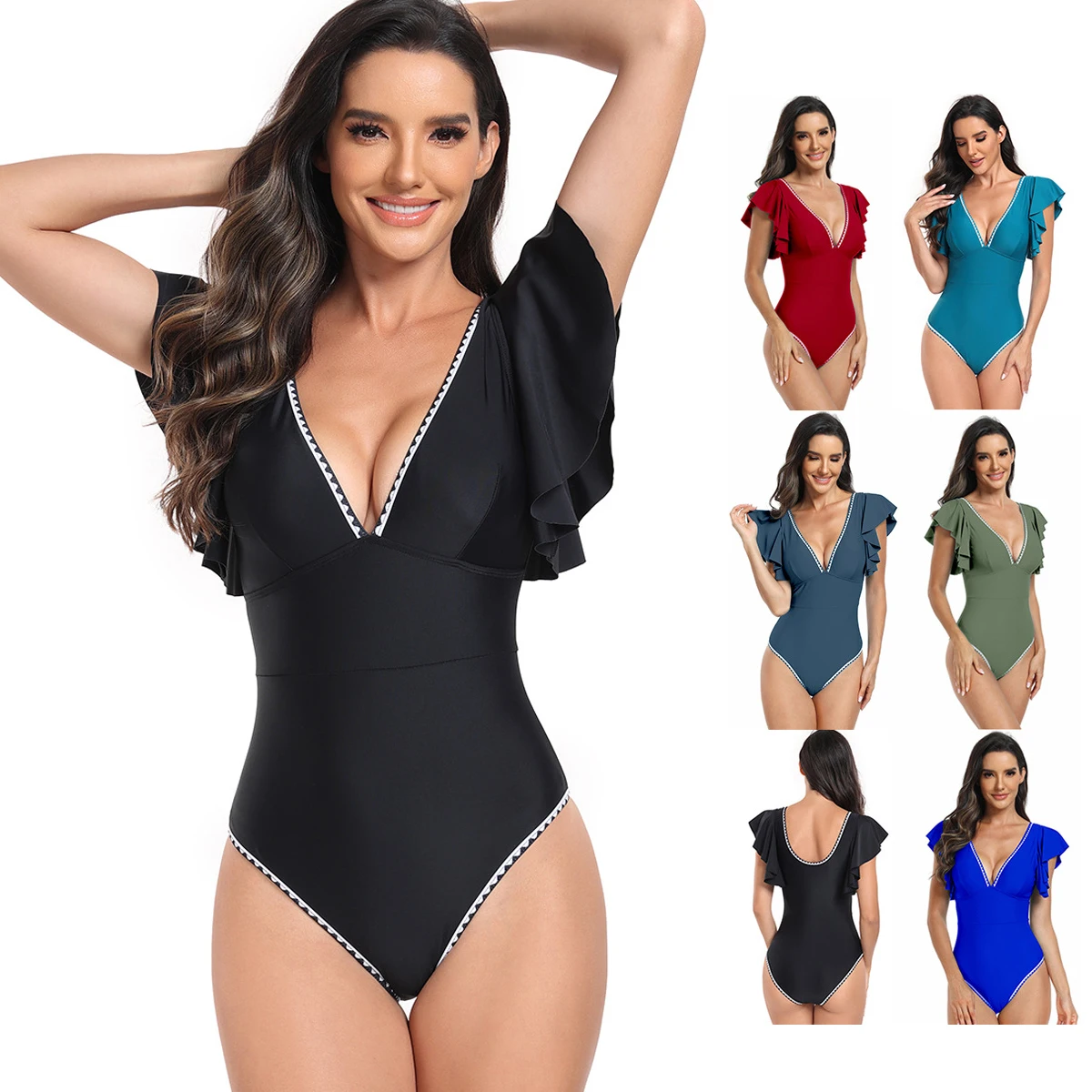 

2024 New Sexy Ruffle One Piece Swimsuit Off The Shoulder Swimwear Women Solid Deep-V Bathing Suits Summer Beachwear