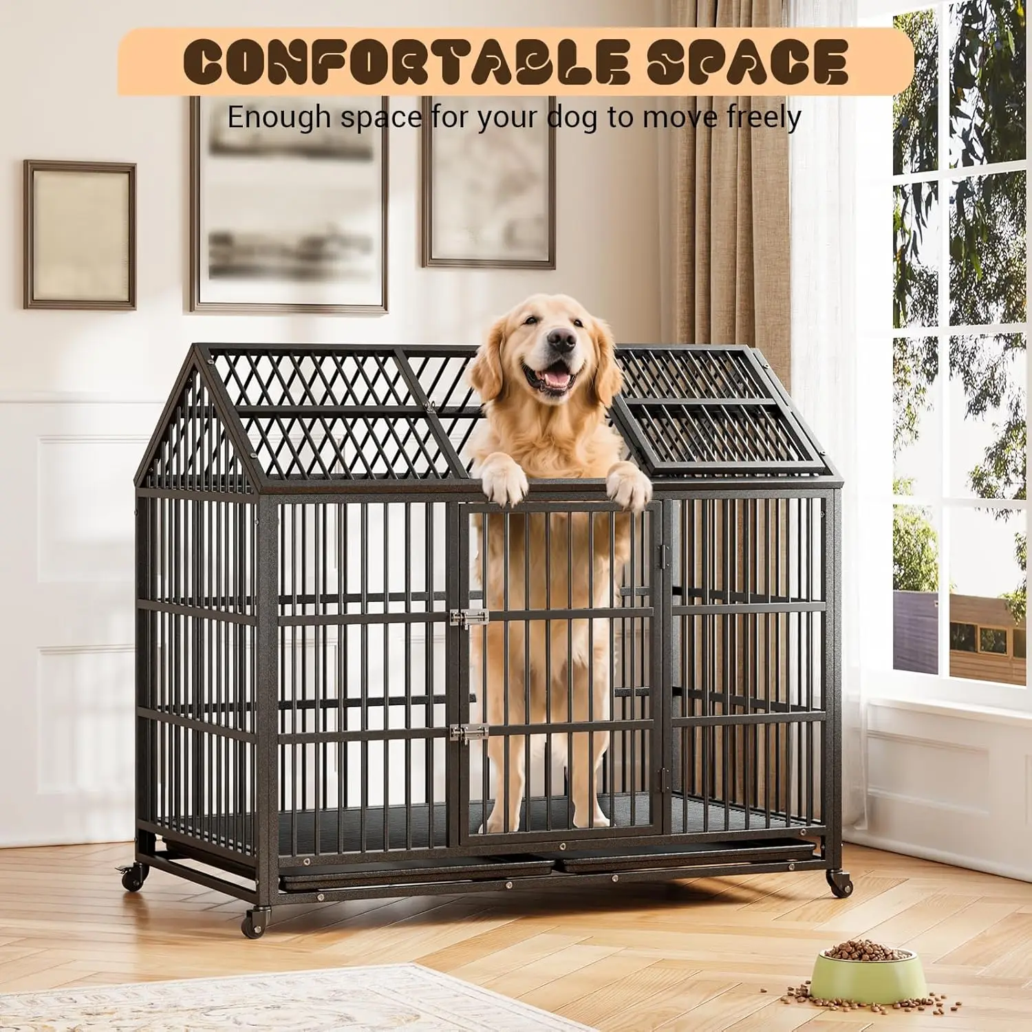 

52 Inch Heavy Duty Metal Dog Crate Double Door Indoor 360°Lockable Wheels Removable Tray Double Lock Easy Assembly Kennel
