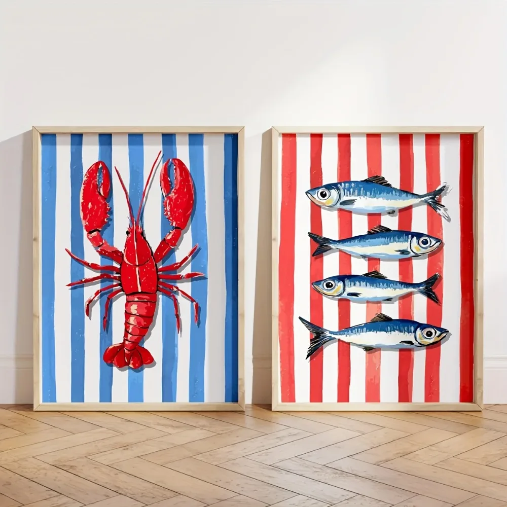 2pcs Frameless Lobster and Sardines Coastal Kitchen,Fisherman Aesthetics Lobster Sardine Poster,Red and Blue Striped Seafood