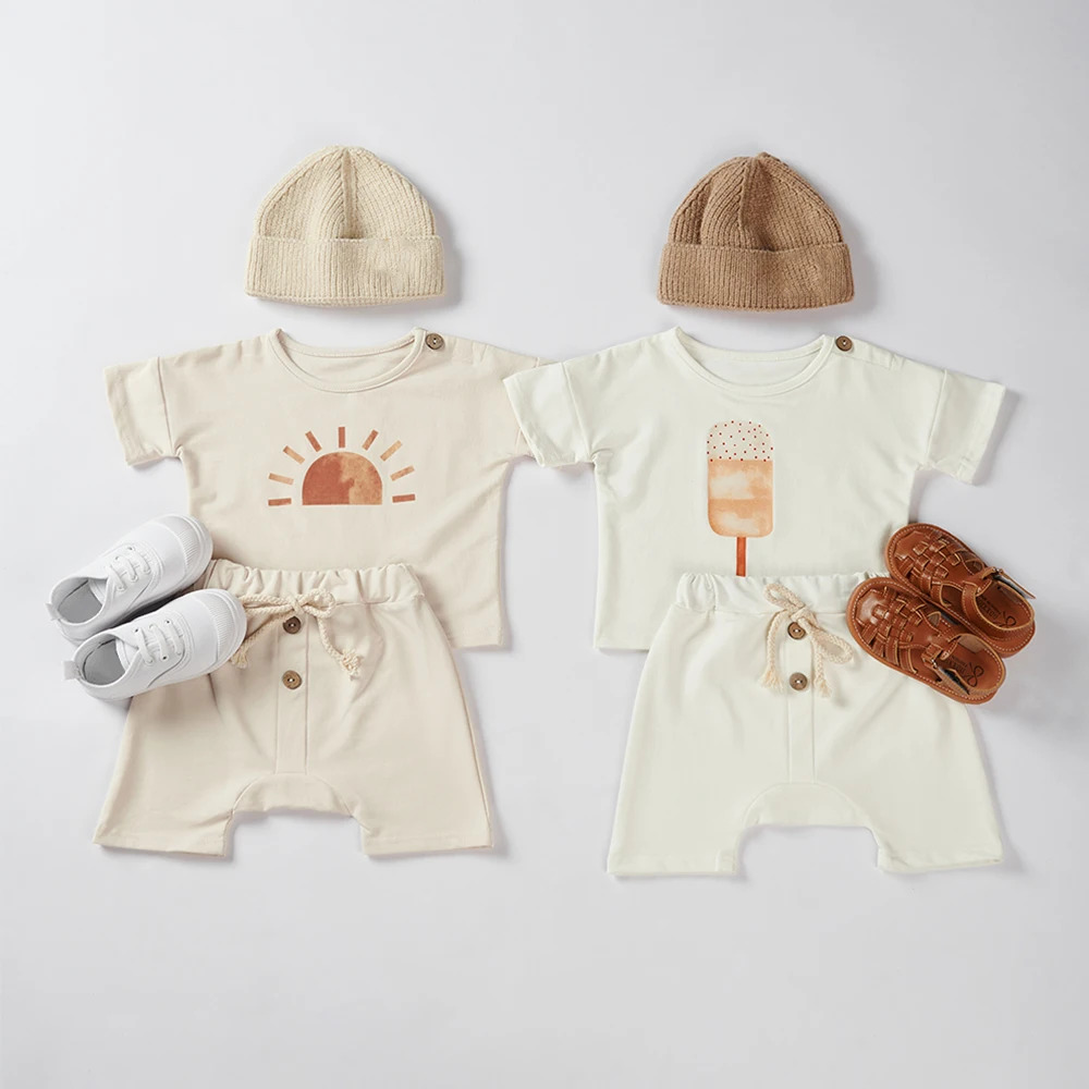 2Pcs Toddler Girl Clothes Set Organic Cotton Ice Cream White Baby Tee Baby Boy Clothing Set Childrens T-shirt+Shorts Pants Bebes