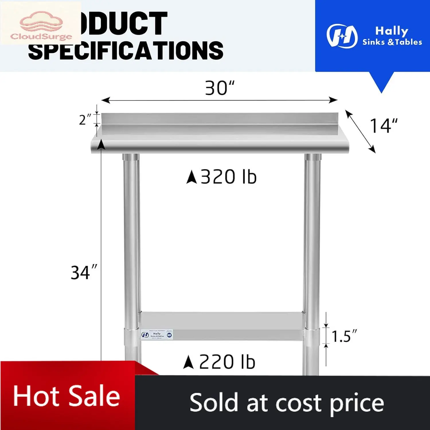 

Activity limited-time priceHally Stainless Steel Table for Prep & Work 14 x 30 Inches, NSF Commercial Heavy Duty Table with Unde
