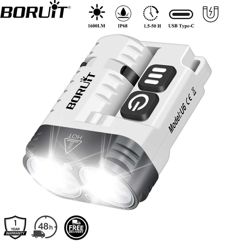 

BORUiT U6 SST20 LED 1600LM EDC Flashlight Keychain Work Light Type-C Rechargeable Torch with Magnet Camping Pocket Lantern