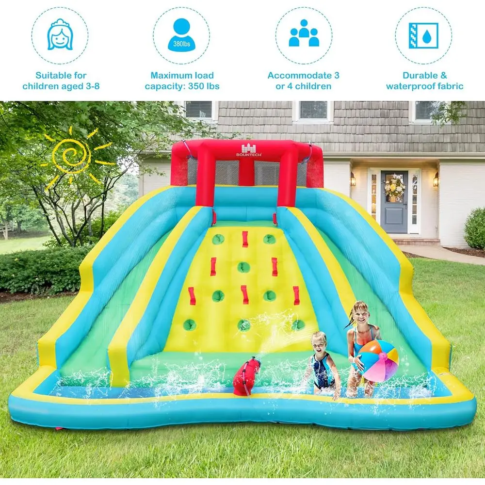 Iatable waterglijbaan, gigantisch waterglijbaanpark voor kinderen achtertuin buitenplezier met dubbele lange glijbanen, 950 W blazer, klimmen