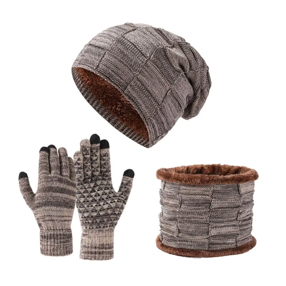 3Pcs/Set Warm Winter Hat Scarf Gloves Set Thicken Lining Scarf Neck Warmer Suit Elastic Windproof Knit Beanie Snood Set