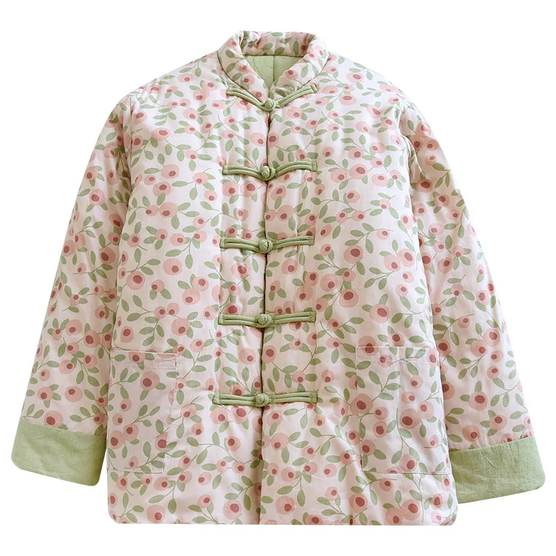 

Women's Cotton Jacket Warm Winter Stand Collar Traditional Chinese Retro Button Flower Print Cotton Padded Thick Coat