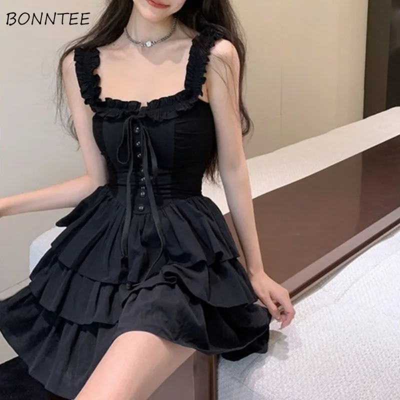 

Sleeveless Mini Dresses Women Lace-up Buttons Solid Color Slim Sexy Girls Sling Dress Flattering Waist Simple Pleated Casual Ins