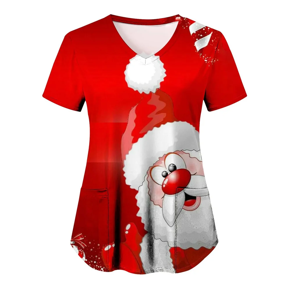 Women Christmas Nursing Scrubs Tops Working Uniform Blouse Short Sleeve V-neck tee Blusas Nursing Clothes Nurses Tunic Uniform