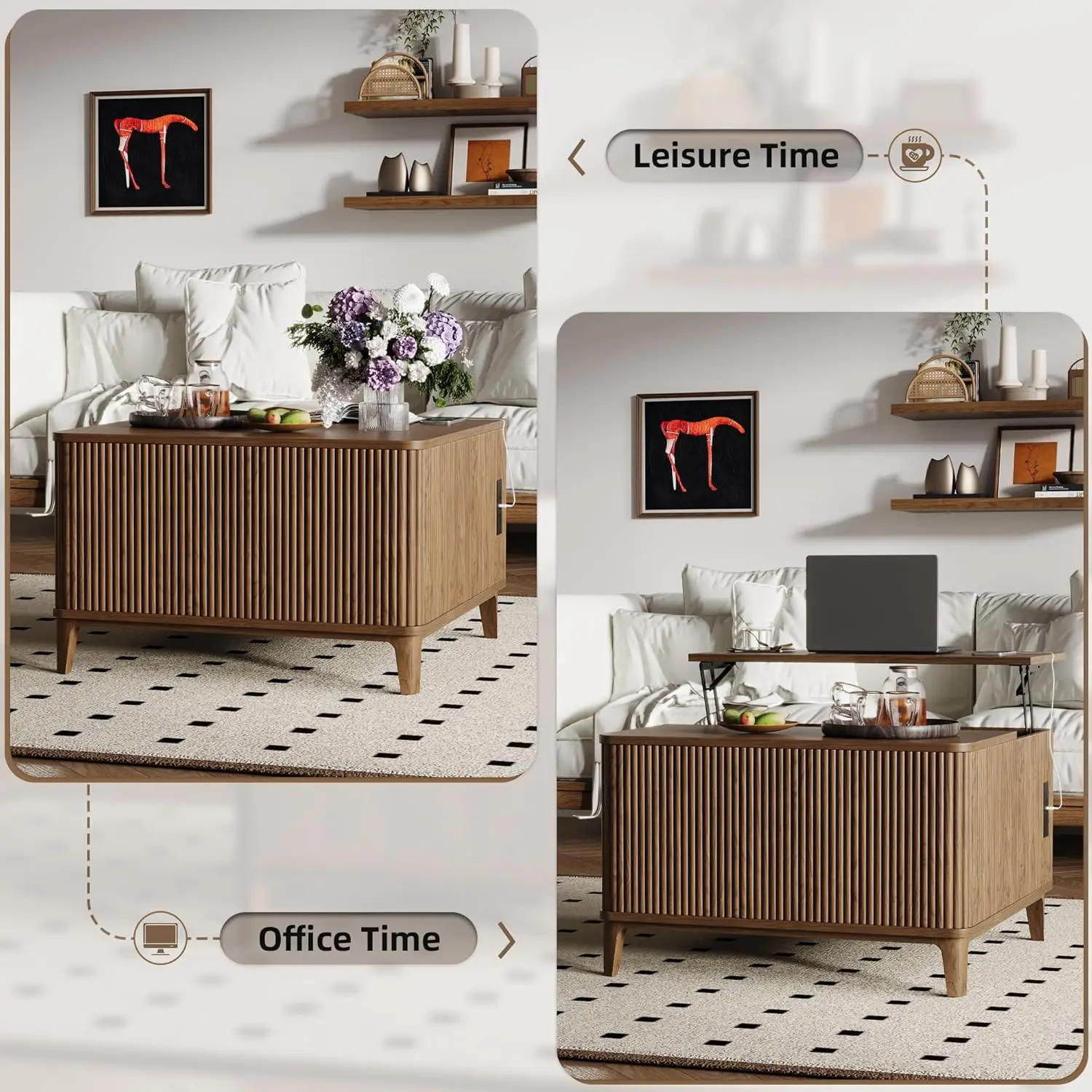 Mesa de centro estriada moderna de mediados de siglo de 31,4 pulgadas, mesa central superior elevable cuadrada con almacenamiento, diseño de pie para sala de estar/oficina