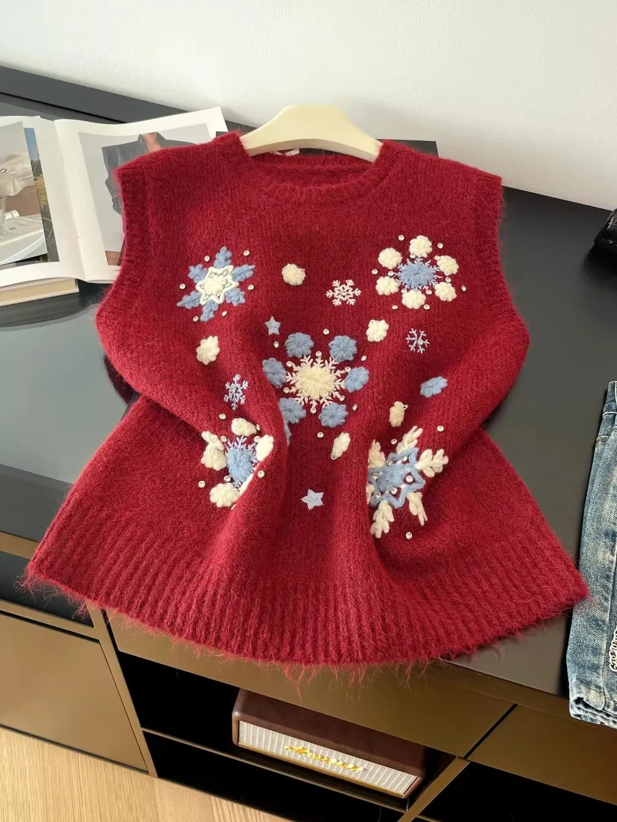 

Красный женский жилет с вышивкой и стразами, модный, универсальный, свободный крой, из смесового хлопка, для весны, осени и зимы