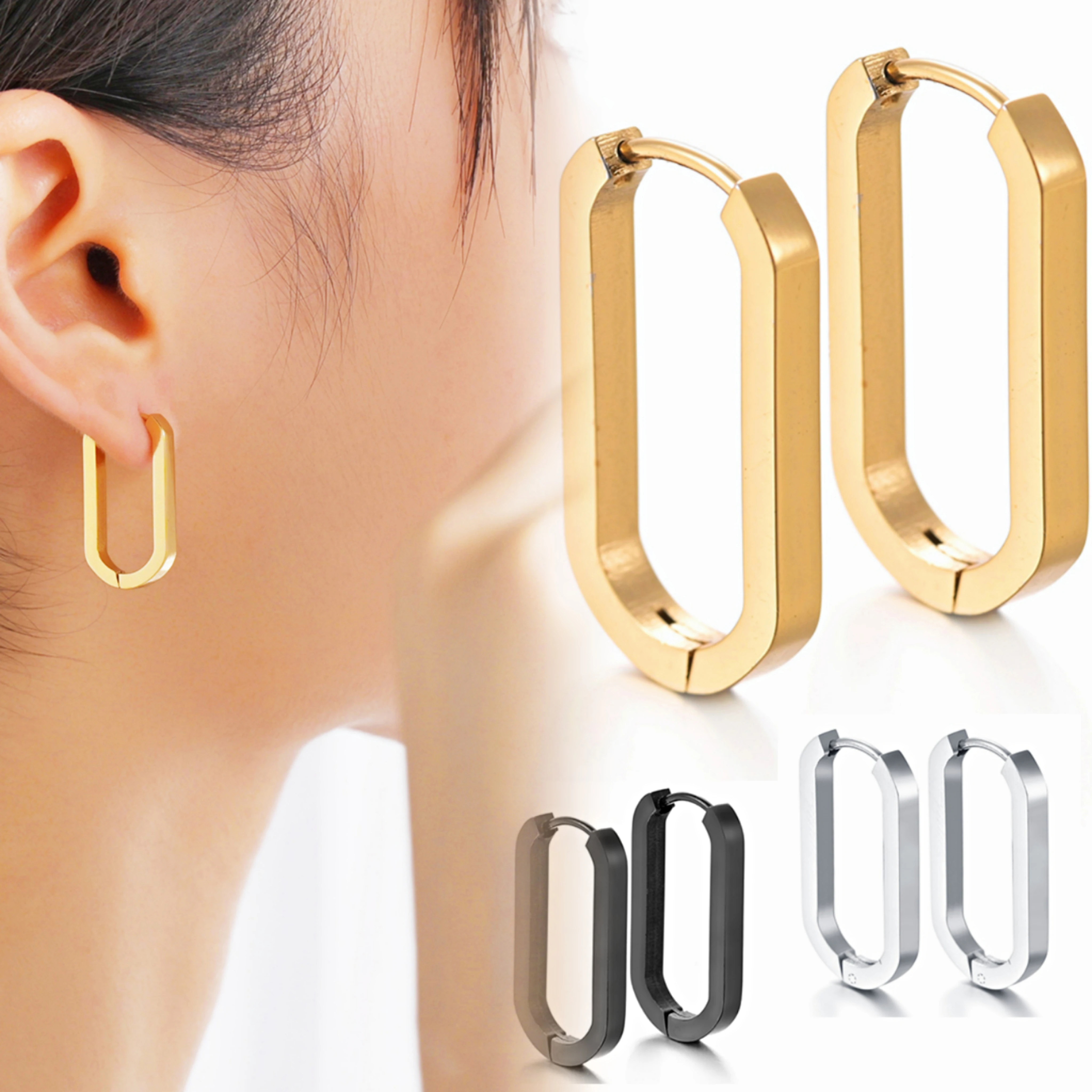 Classic Design Geometric Rectangular Lock Buckle Gold Color Metal Brass Oval Shape Small Hoop Earrings Women Party Jewelry Gift