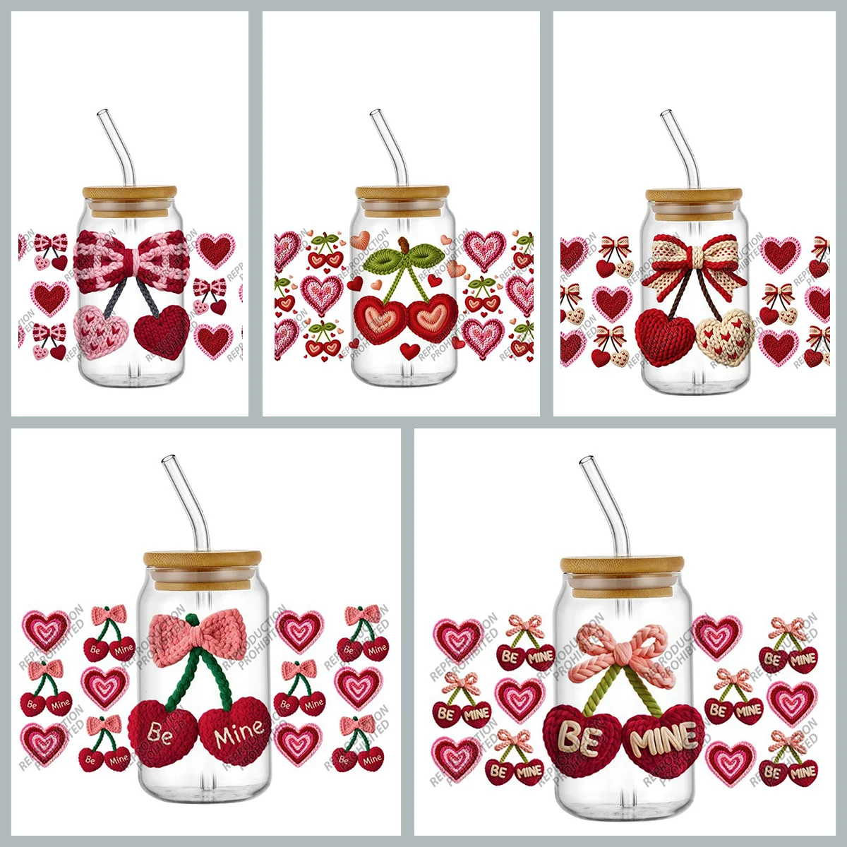 Crochet Bow Knitted Heart UV DTF Transfer Stickers for 16oz Tumbler Glass Love Waterproof DIY Self Adhesive Decal Cup Decoration