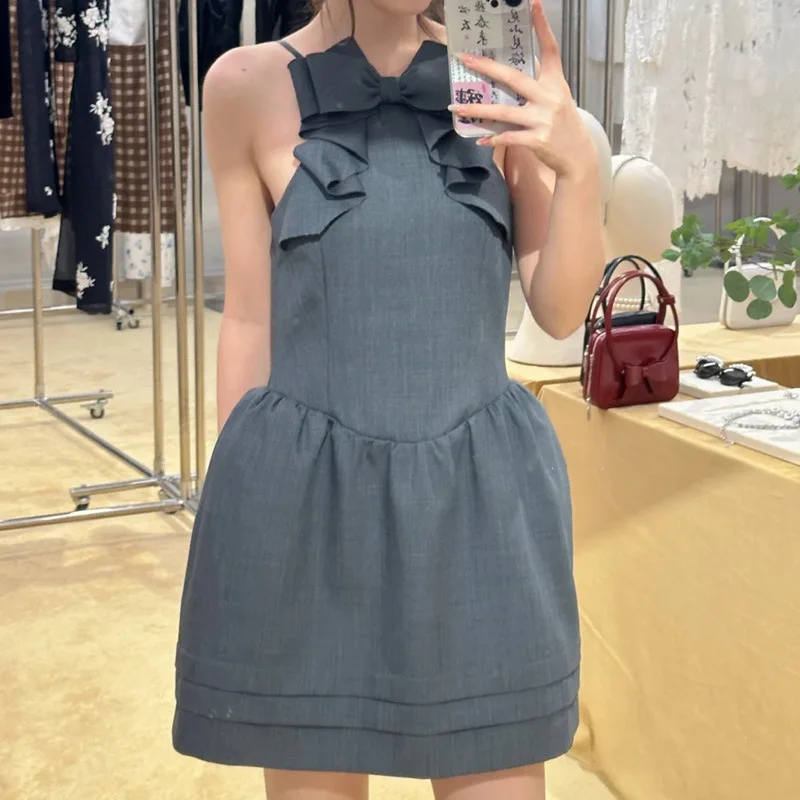 Three-dimensional bow hanging neck dress senior sense temperament ageing gray halter sleeveless Womens dresses 2024 spring new