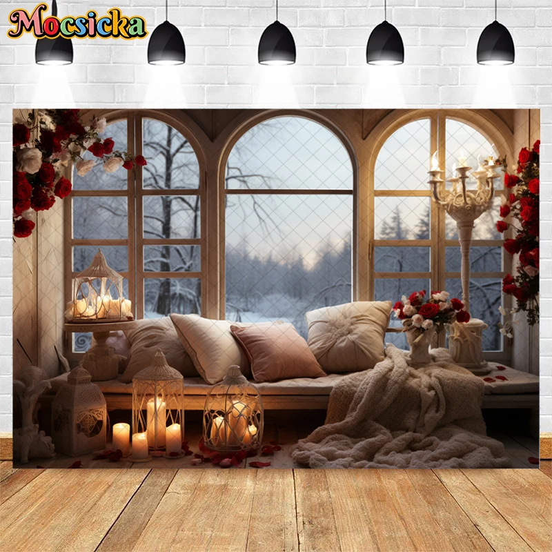 Indoor Xmas Window Backdrop Holiday Party Kids Adult Portrait Photography Background Pillow Valentine's Day Roses Candle Decor