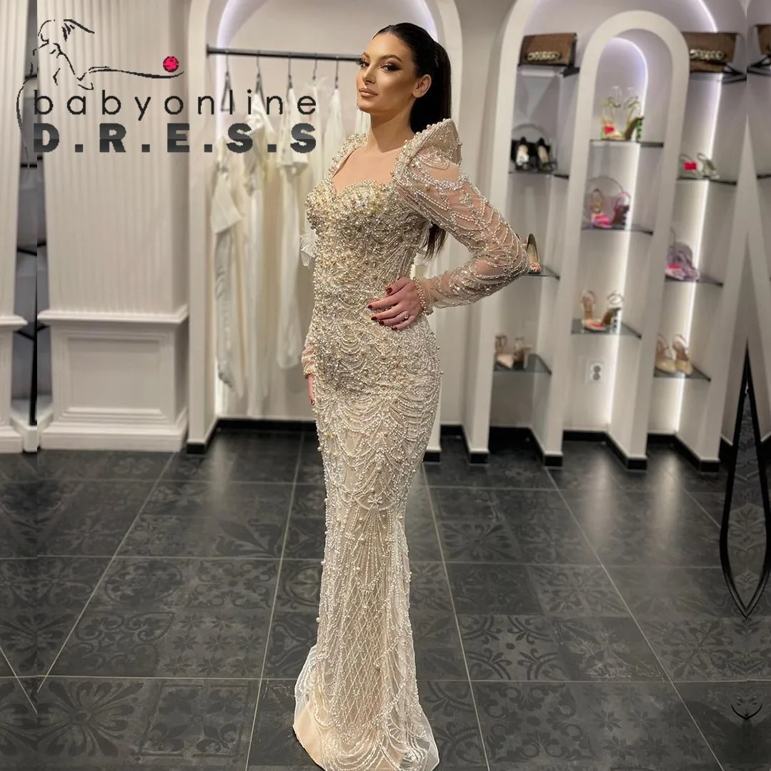 

BABYONLINE Luxury Wedding Dress Fully Pearls Dubai Beading Stones Square-neck Arabic Mermaid Bridal Gown Celebrity Party Gown