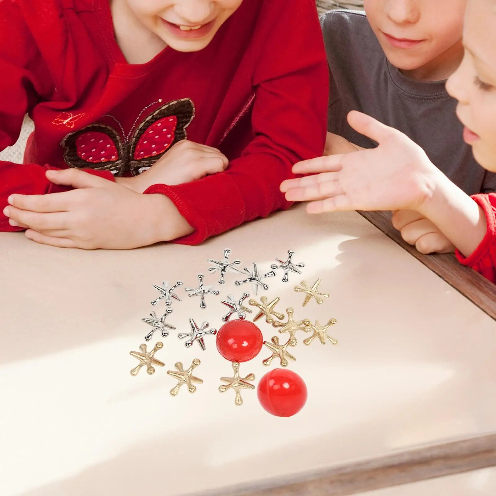 

Jacks Table Grabbing Game Family 2 Red Rubber Balls Retro Metal Jacks Set