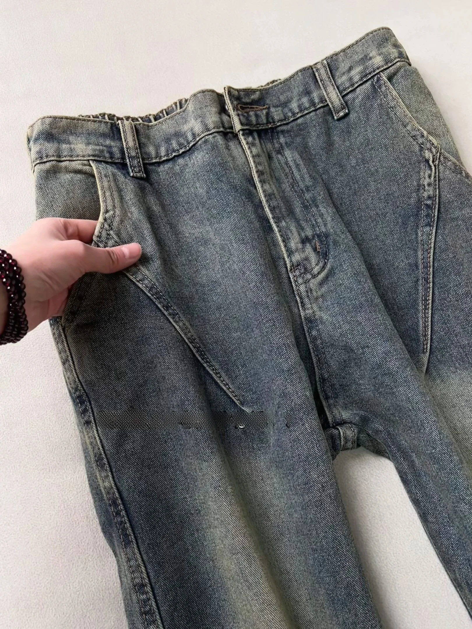 Retro Blue Pleated Jeans Men Women Slimming Trendy Brand Vibe Slim Workwear Micro Flared Pants American Design Sense