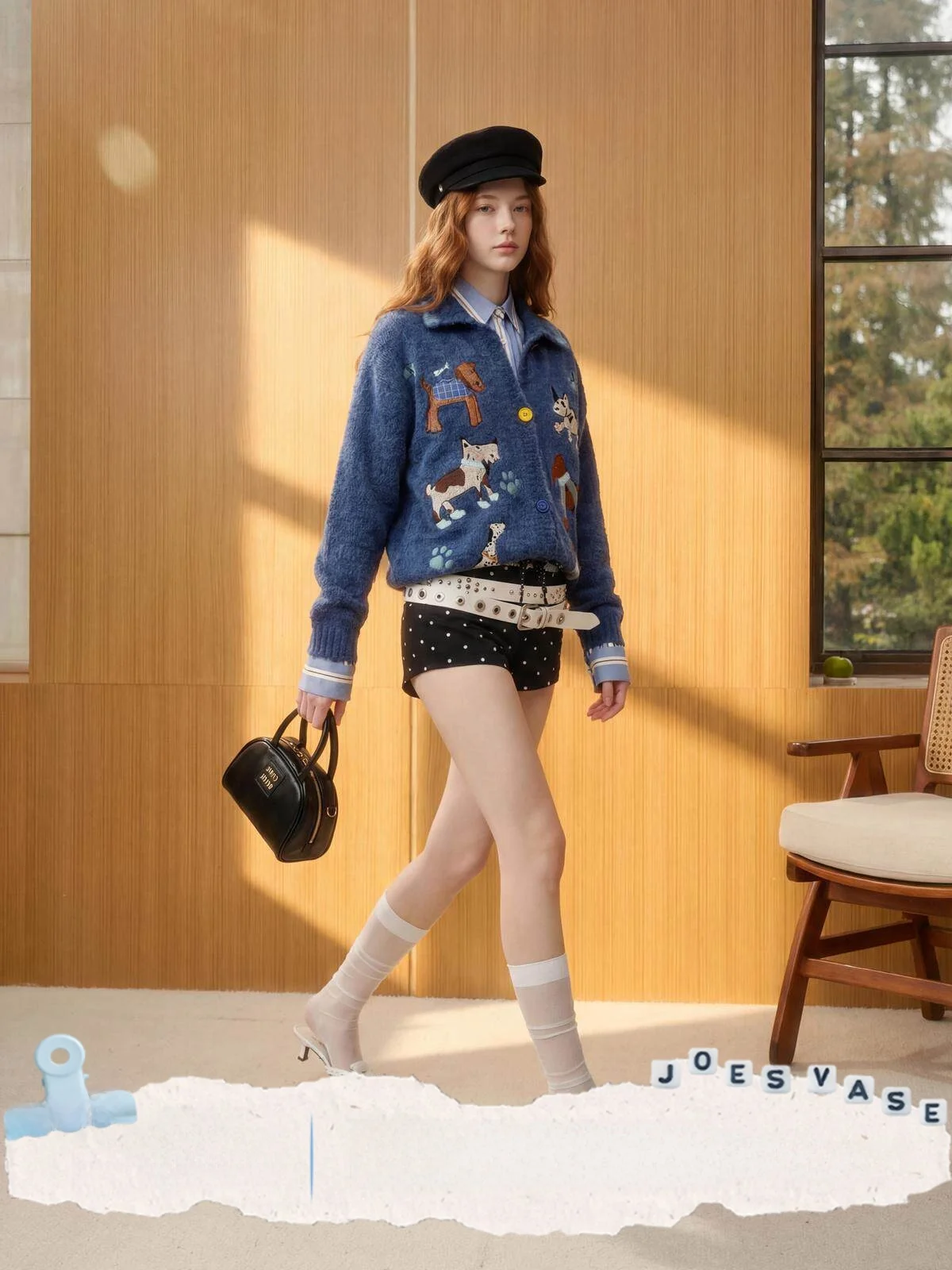 

Blue Knitted Loose Sweater Women's Spring New Sle Doggie Embroidery Color Blo Open Cardigan Vintage Sle Long Sve