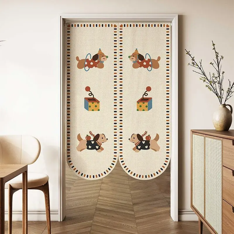 Japanese Retro Cartoon Dog Door Curtain Enjoy Life Text Print Curved Hem Home Use No Punching Room Cover Decorative Curtain