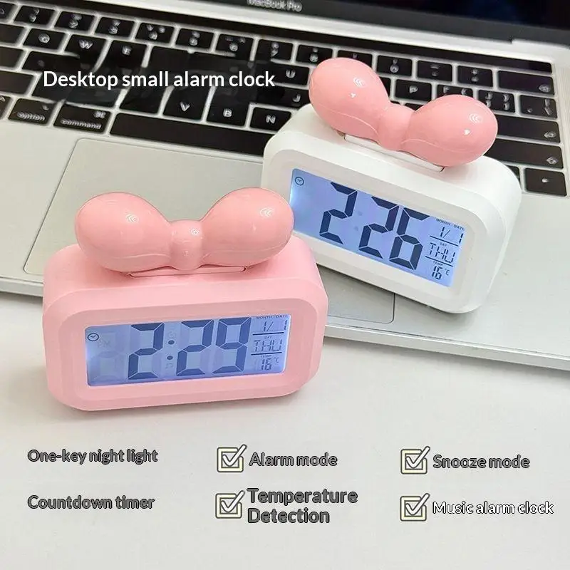 ⑧ LED Digital Clock Bowknot Temperature Detection Alarm Clock Cute Gift With Night Light Mini Desktop