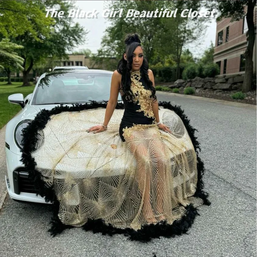 Black Gold Luxury Prom Dresses 2024 African Girls Glitter Applique Decoration Birthday Party Gowns Sexy Tulle Feather Dresses